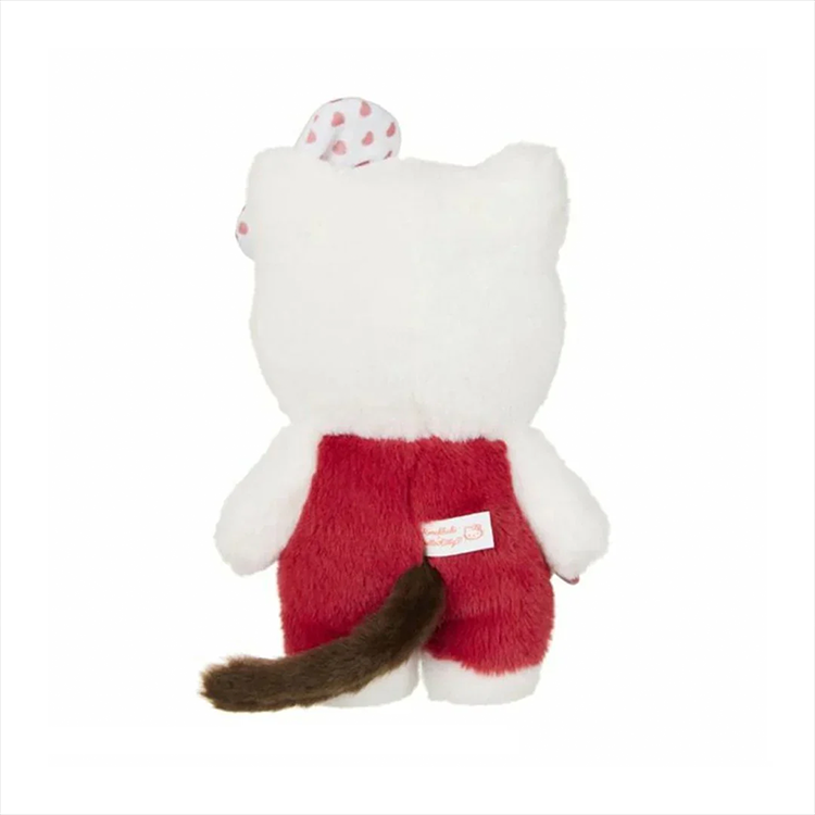 Back view of Monchhichi dressed as Hello Kitty gingham check plush by Sekiguchi with red outfit and tail