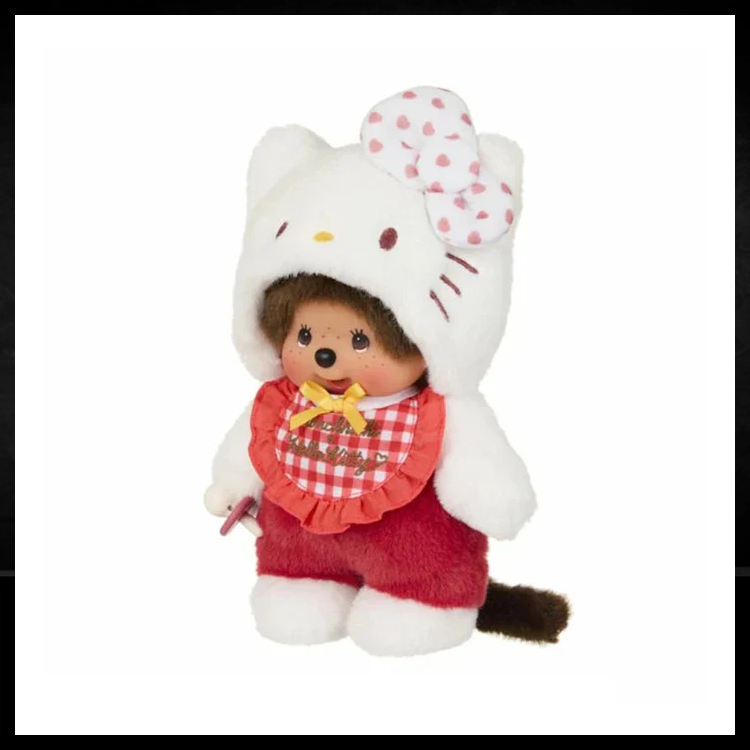 Sekiguchi Monchhichi plush dressed in Hello Kitty hood with red gingham bib and soft red outfit from limited edition bundle