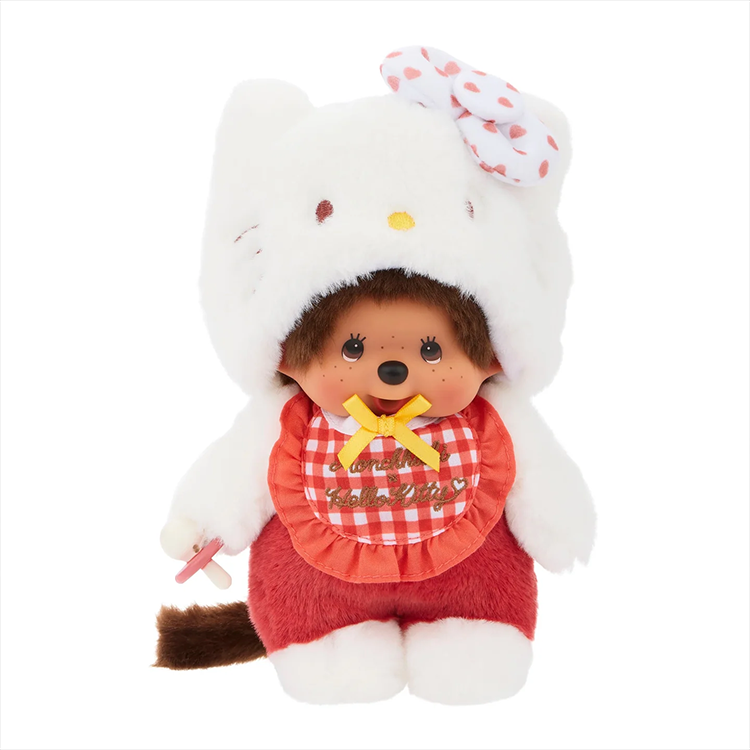 Monchhichi plush dressed as Hello Kitty with gingham bib and pacifier, limited edition by Sekiguchi.