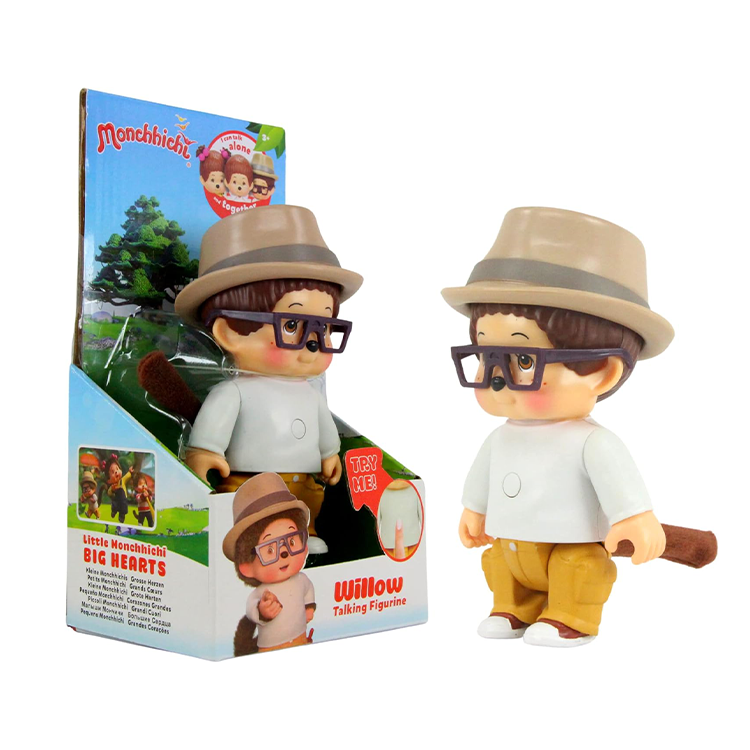 Monchhichi Talking Figures 3-pack showing the Willow figure wearing his signature hat and glasses inside the packaging.