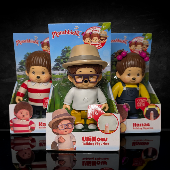 Monchhichi Talking Figures 3-pack showing the Willow figure wearing his signature hat and glasses inside the packaging.