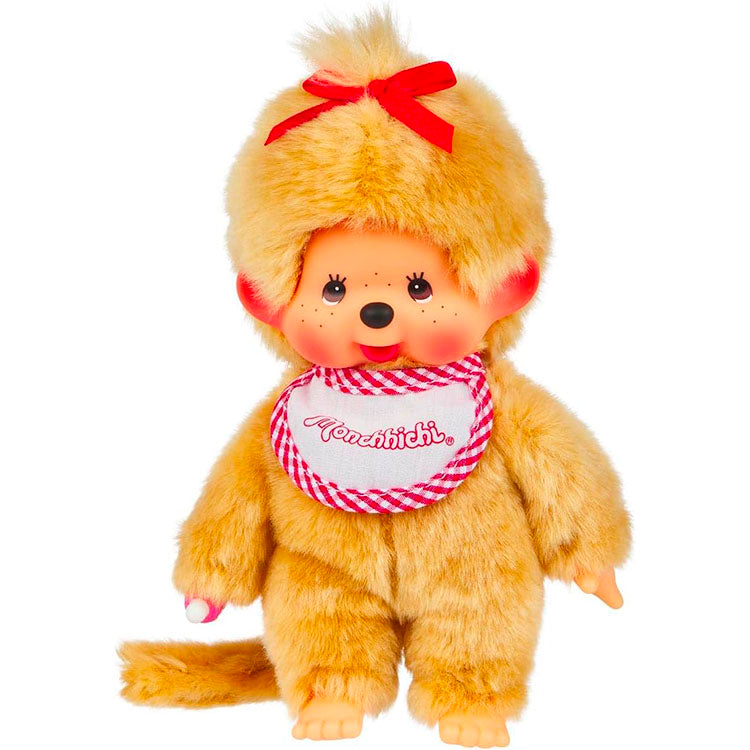 Sekiguchi Monchhichi Beige Girl plush monkey with red bow and bib sitting against white background