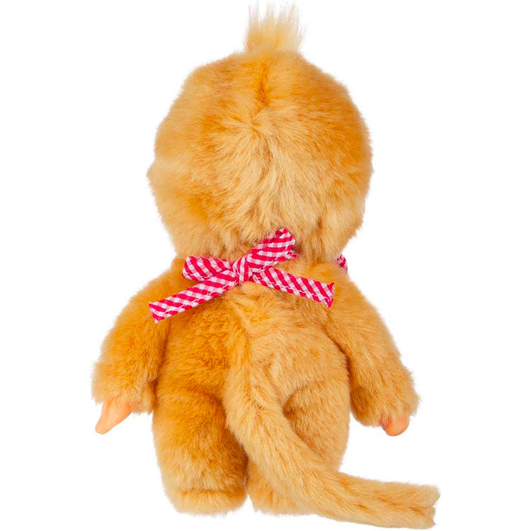 Sekiguchi Monchhichi plush monkey girl in beige fur with red gingham bow, shown from the back.