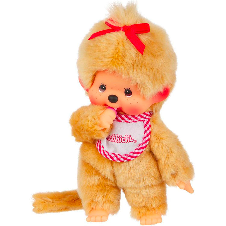 Sekiguchi Monchhichi Beige Girl 8-inch plush monkey with thumb in mouth and red bow on head