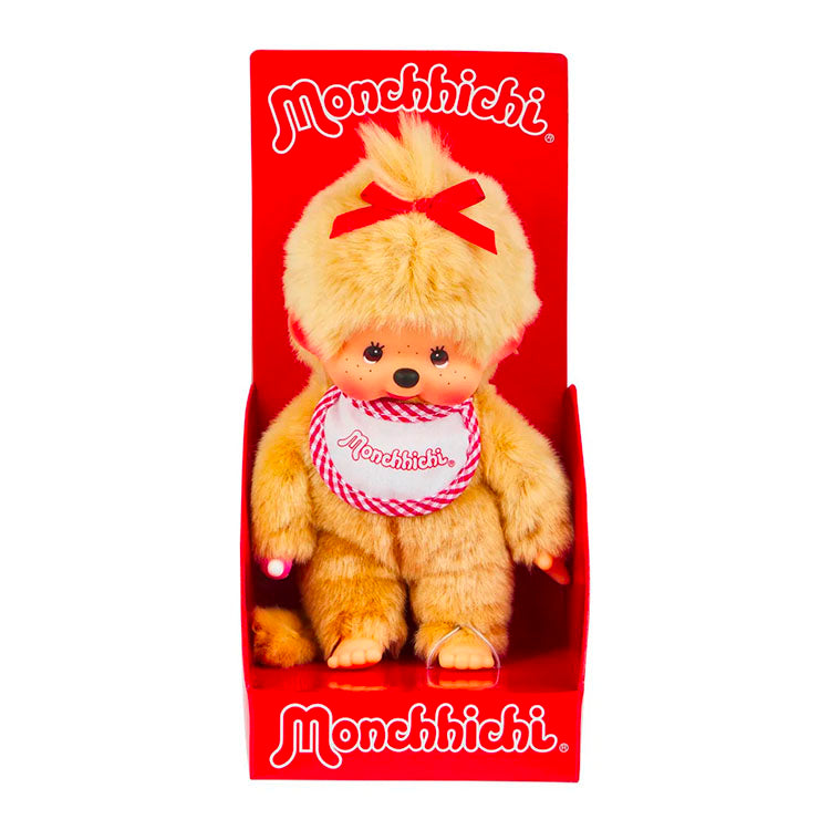 Sekiguchi Monchhichi Beige Girl 8 inch plush monkey with bow and bib in red branded packaging