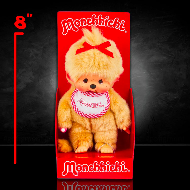 Sekiguchi Monchhichi 8 inch beige girl monkey plush with thumb in mouth and red bow in original packaging
