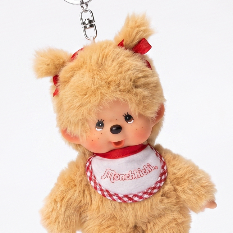 5.5" Monchhichi Keychain - Classic Beige Plush Girl with Red Ribbon Pigtails & Metal Ring Sekiguchi