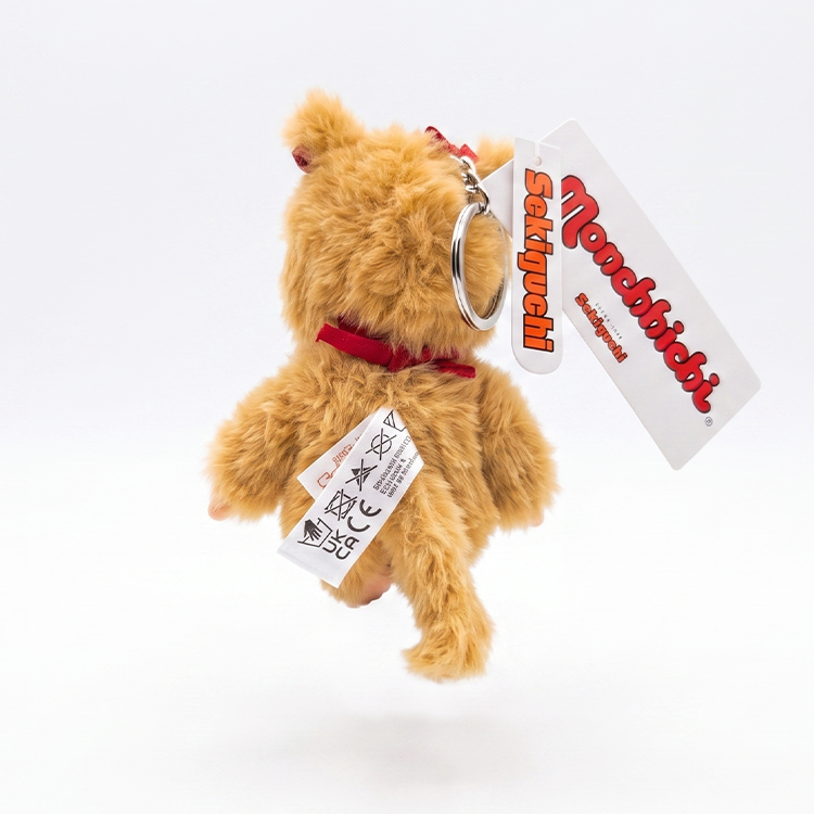 5.5" Monchhichi Keychain - Classic Beige Plush Girl with Red Ribbon Pigtails & Metal Ring