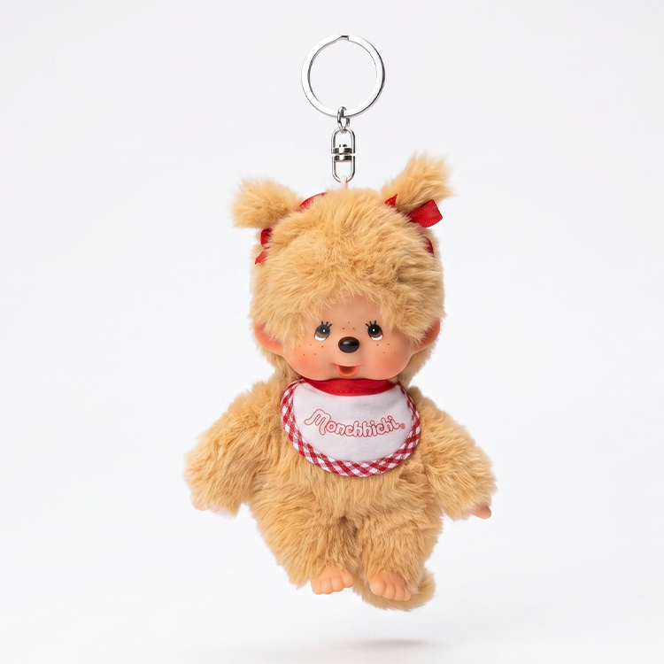 5.5" Monchhichi Keychain - Classic Beige Plush Girl with Red Ribbon Pigtails & Metal Ring