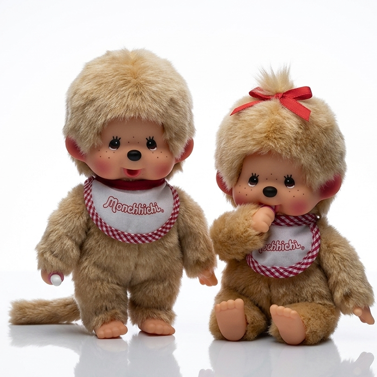 8" Monchhichi Beige Fur Monkey Plush BUNDLE - NWT Boy & Girl by Sekiguchi with matching bibs and soft fur