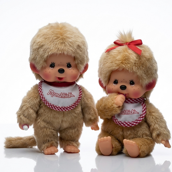 8" Monchhichi Beige Fur Monkey Plush BUNDLE - NWT Boy & Girl by Sekiguchi with matching bibs and soft fur