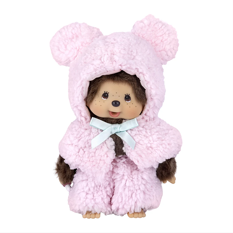 Monchhichi Girl Leopard Hood & Boy Pink Bear Cape Plush Set - Sekiguchi