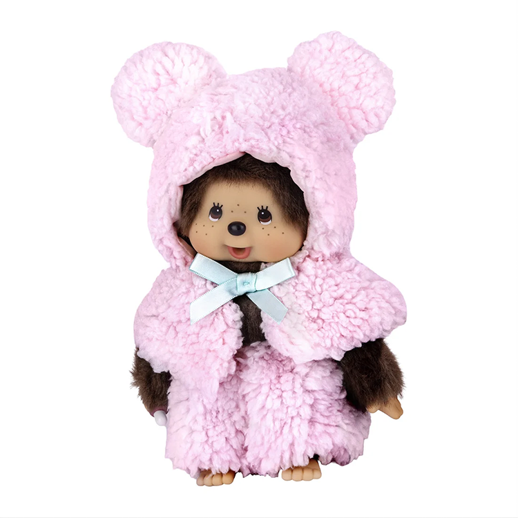 Monchhichi Girl Leopard Hood & Boy Pink Bear Cape Plush Set - Sekiguchi