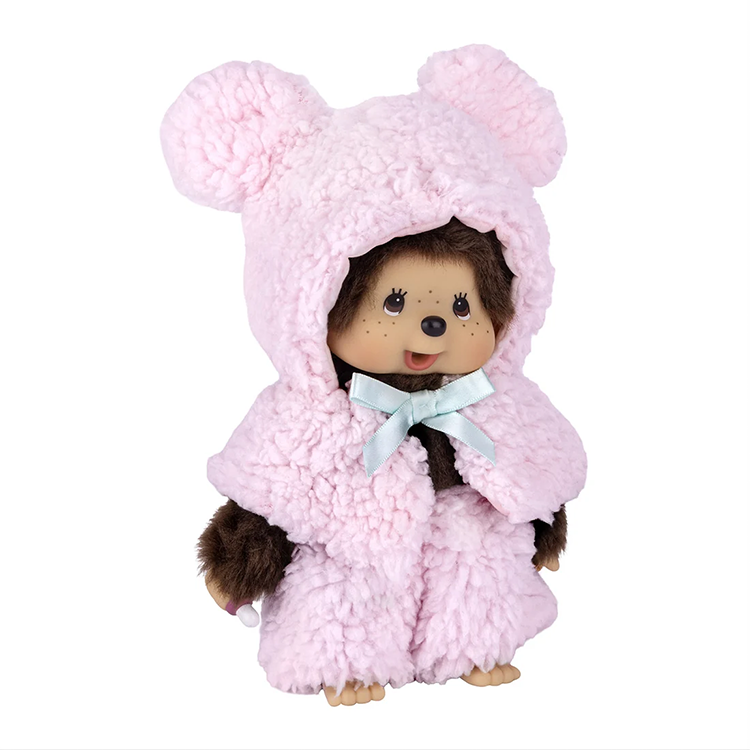 Monchhichi Girl Leopard Hood & Boy Pink Bear Cape Plush Set - Sekiguchi