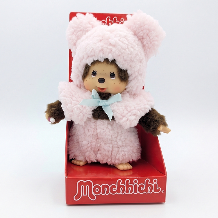 Monchhichi Girl Leopard Hood & Boy Pink Bear Cape Plush Set - Sekiguchi