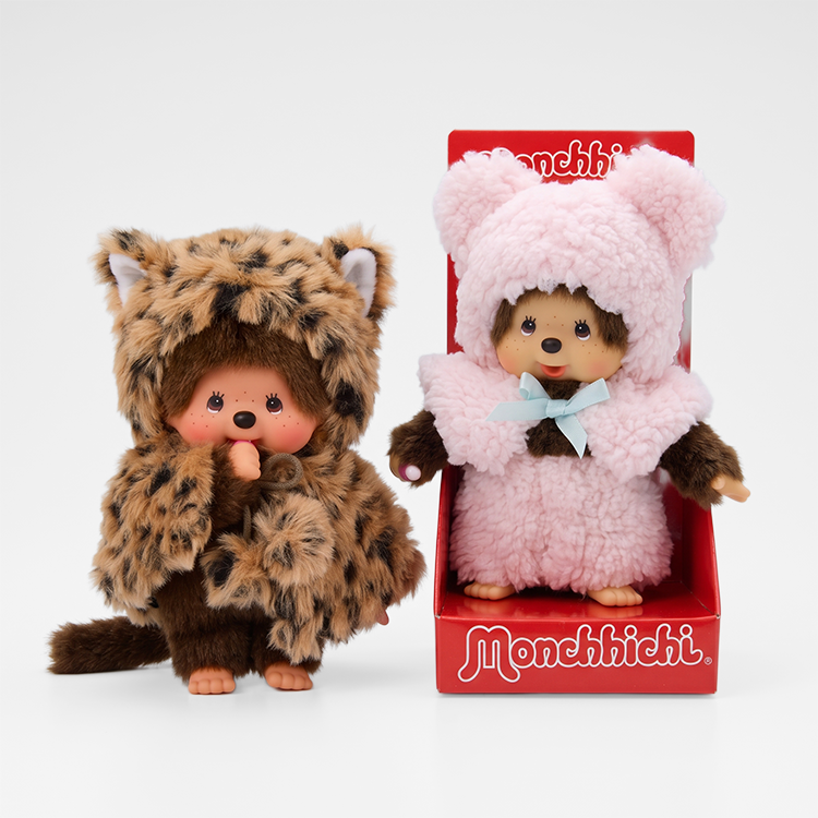 Monchhichi Girl Leopard Hood & Boy Pink Bear Cape Plush Set - Sekiguchi