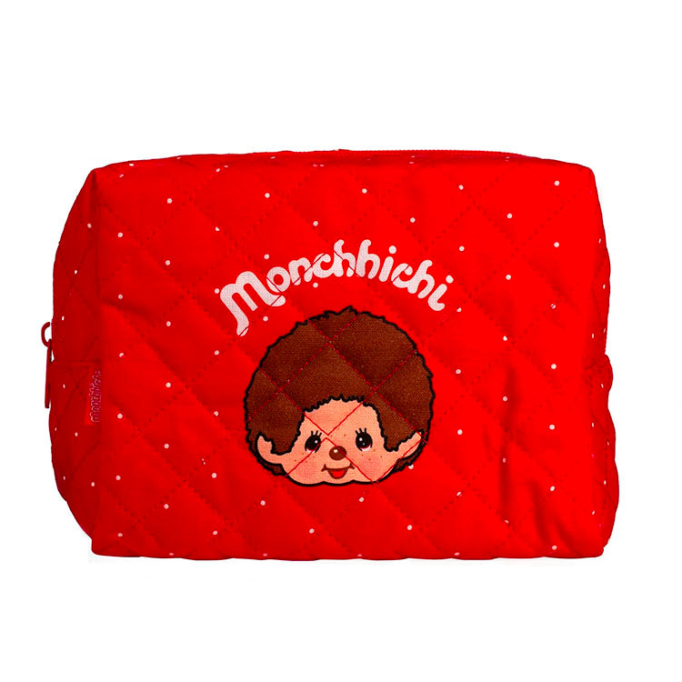 Sekiguchi Monchhichi 7 inch red quilted soft zipper pouch with classic boy embroidered design