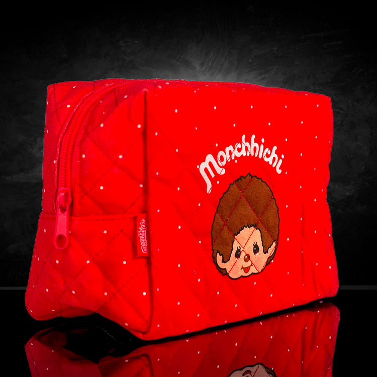 Sekiguchi Monchhichi 7 inch red soft quilted zipper pouch with classic boy design and white polka dots