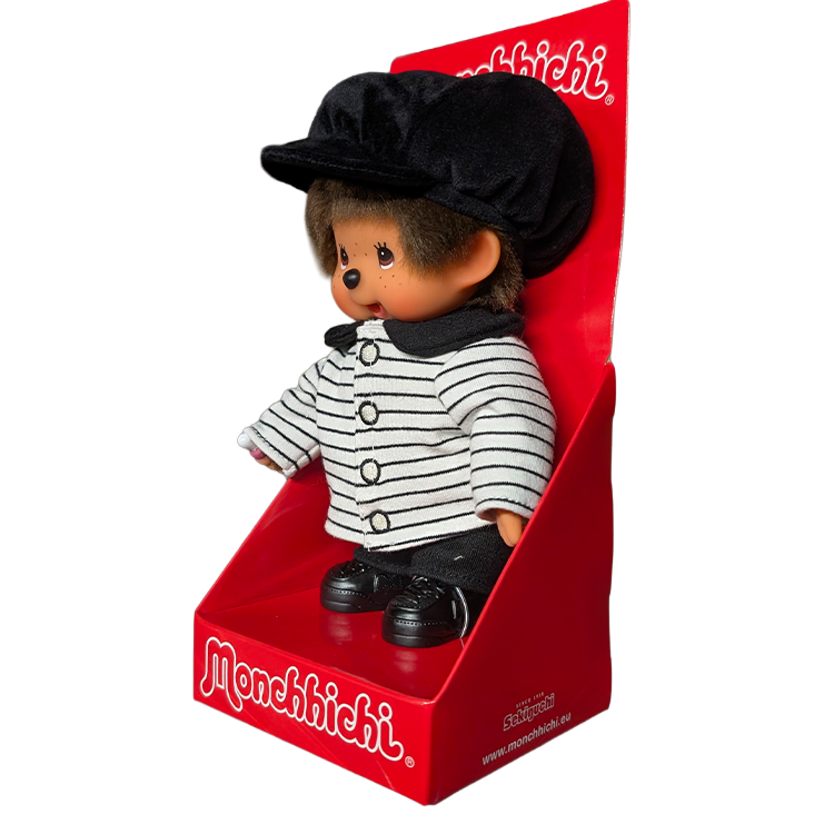 8" Monchhichi Brown Boy  - in Striped Jacket & Casquette and Brown Eyes