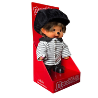 8" Monchhichi Brown Boy  - in Striped Jacket & Casquette and Brown Eyes