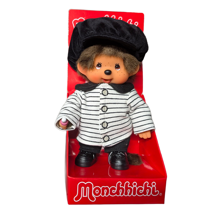 8" Monchhichi Brown Boy  - in Striped Jacket & Casquette and Brown Eyes