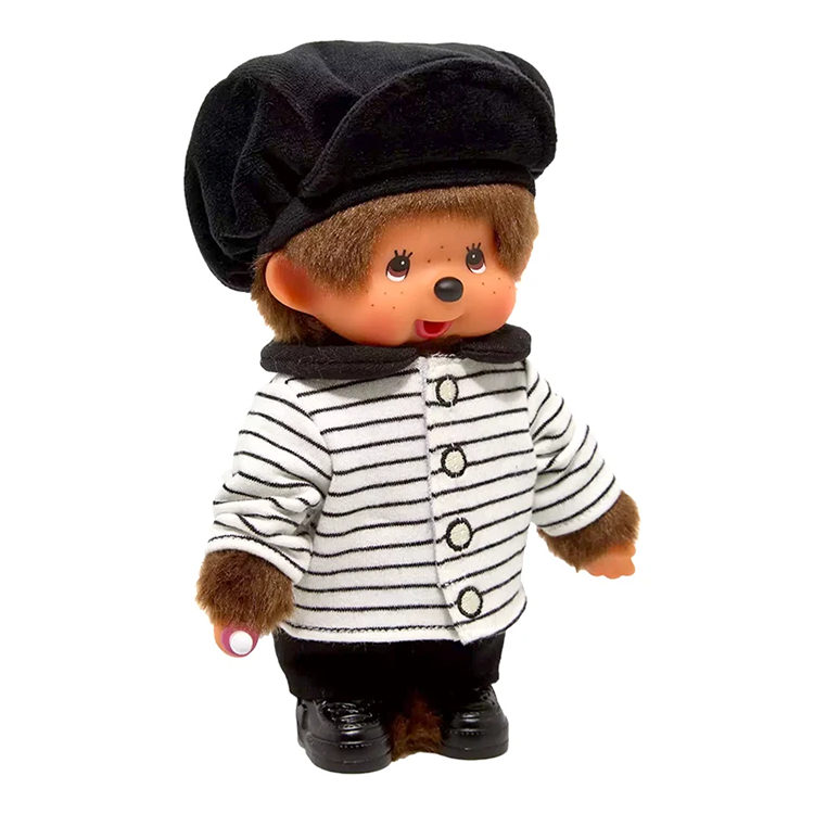 8" Monchhichi Brown Boy  - in Striped Jacket & Casquette and Brown Eyes
