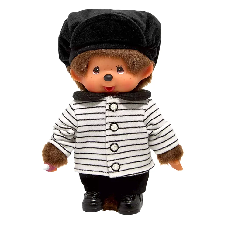 8" Monchhichi Brown Boy  - in Striped Jacket & Casquette and Brown Eyes