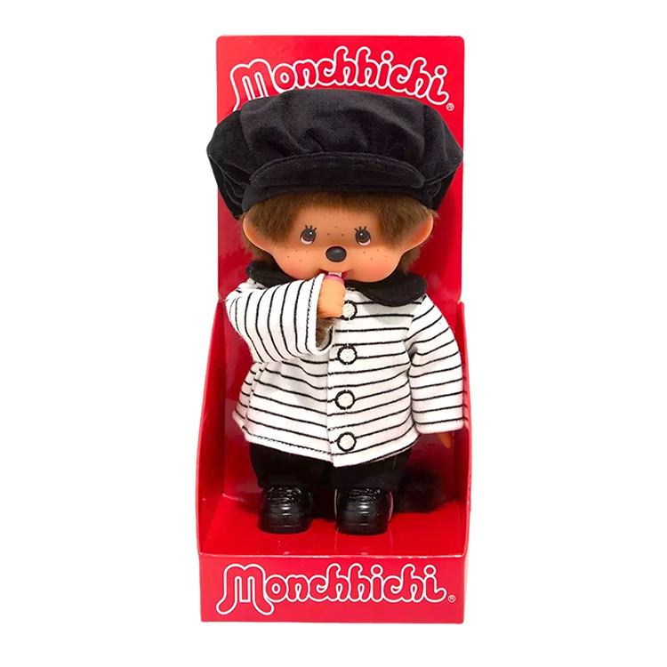 8" Monchhichi Brown Boy  - in Striped Jacket & Casquette and Brown Eyes