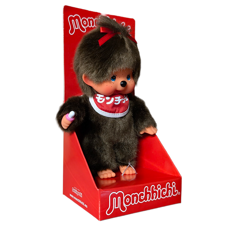 8" Monchhichi Classic BrownGirl in Red Bib with Japanese Character Logo and Blue Eyes collectible doll by Sekiguchi