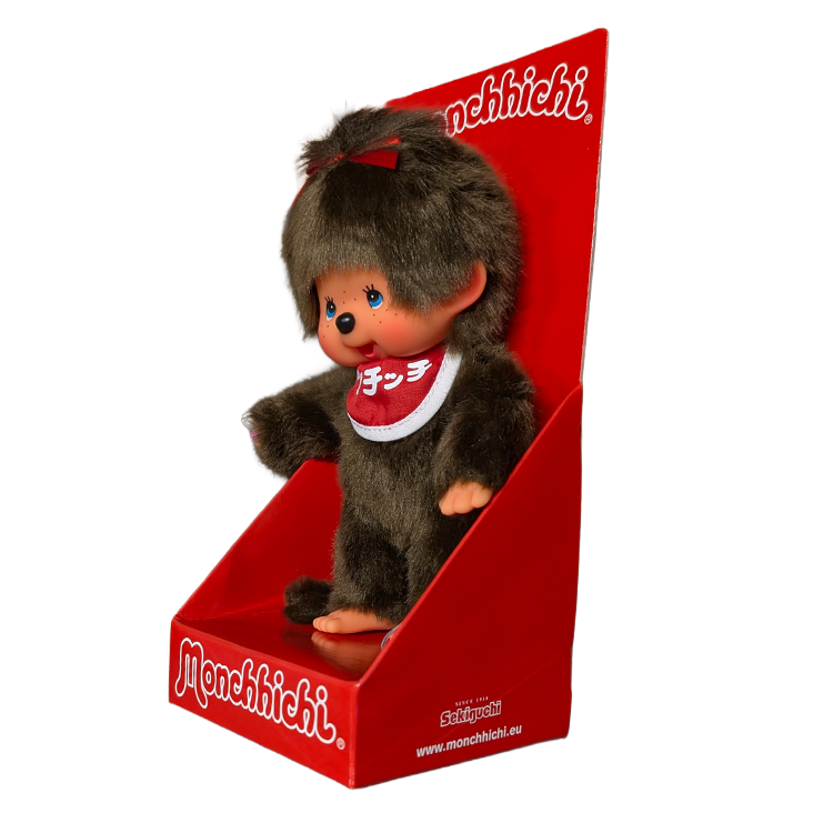 8" Monchhichi Classic BrownGirl in Red Bib with Japanese Character Logo and Blue Eyes by Sekiguchi