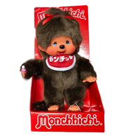 8" Monchhichi Classic BrownGirl in Red Bib with Japanese Character Logo and Blue Eyes by Sekiguchi