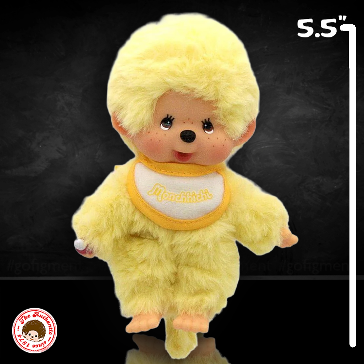 Sekiguchi Monchhichi plush doll in yellow beanie with pacifier accessory, 5.5 inches tall soft collectible toy.