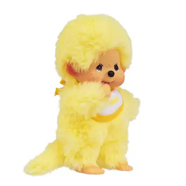 Sekiguchi Monchhichi plush in yellow beanie with pacifier, soft body, and detailed plastic features, 5.5 inches tall.