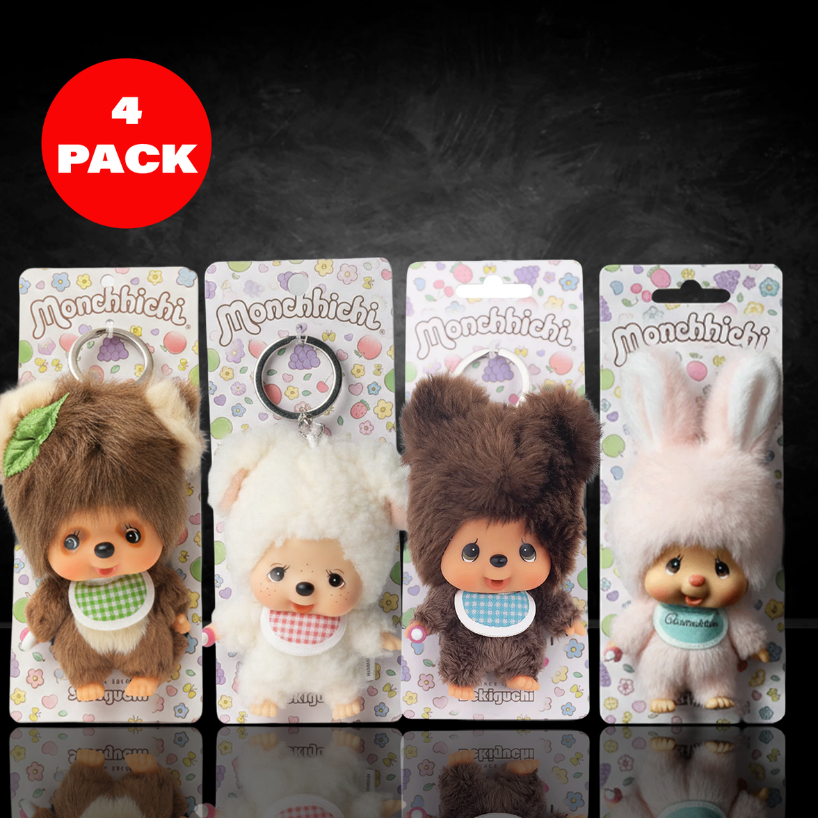 4" Monchhichi Friends Mascot 4 Pack BUNDLE of Keychain Bag Charms