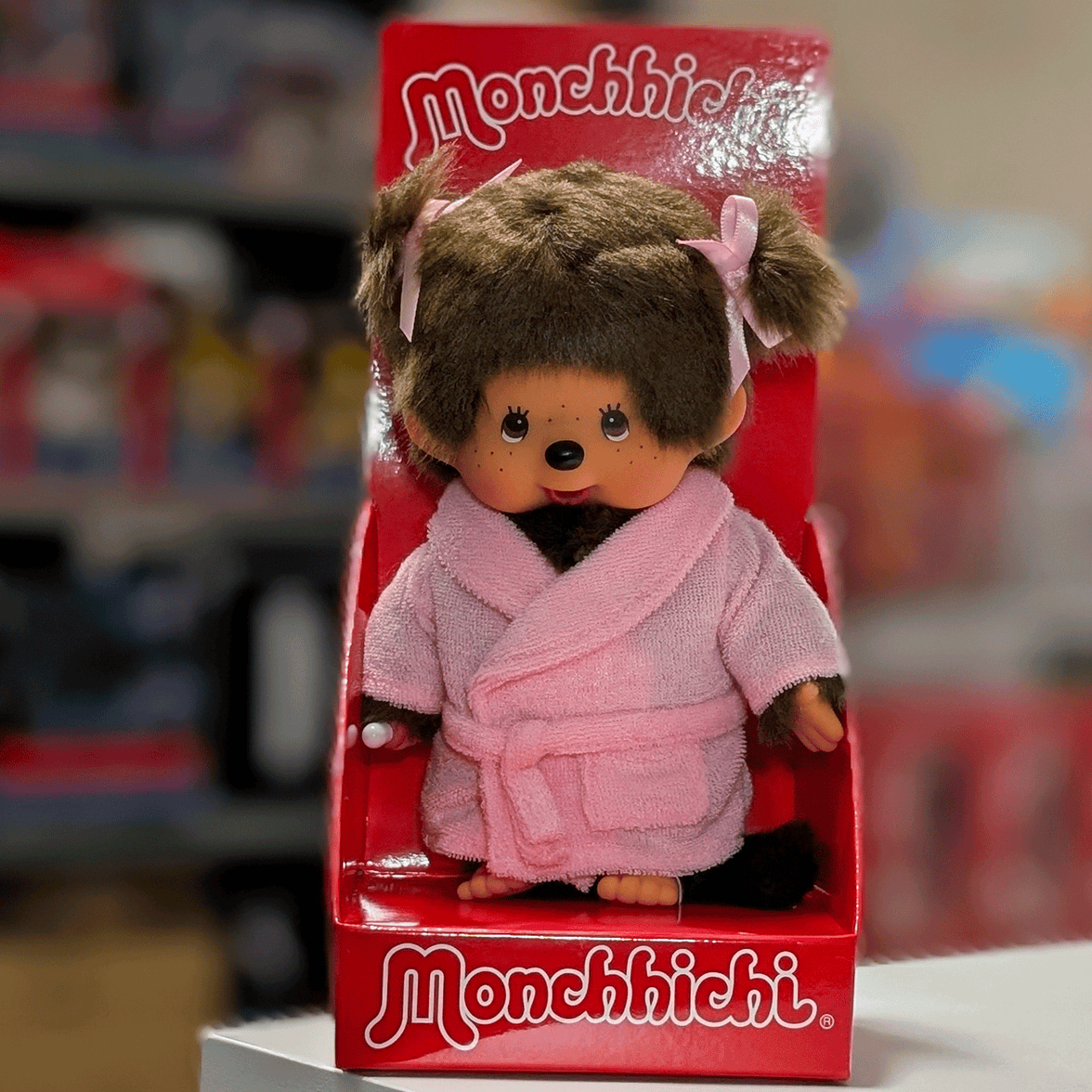 8" Large Monchhichi Doll - Girl in Pink Bathrobe - Authentic Monkey Plush, NWT