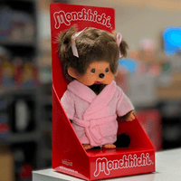 8" Large Monchhichi Doll - Girl in Pink Bathrobe - Authentic Monkey Plush, NWT