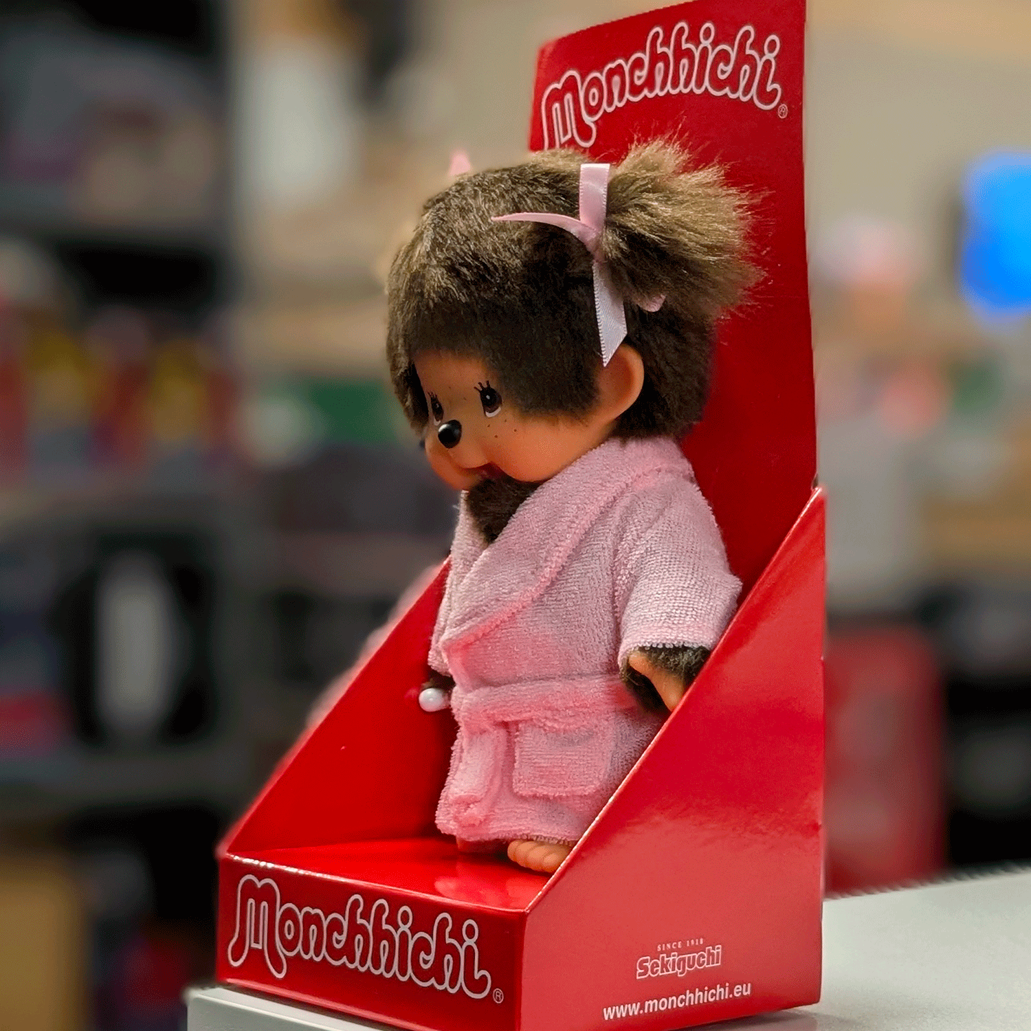 8" Large Monchhichi Doll - Girl in Pink Bathrobe - Authentic Monkey Plush, NWT