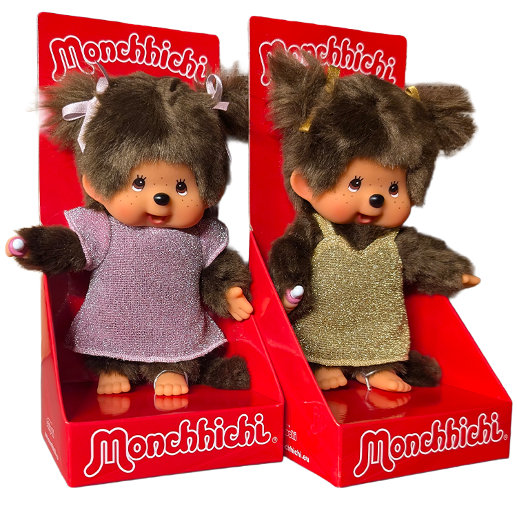 Monchhichi Standard Girl Plush Set - Pink Glitter & Gold Glitter Dresses - Sekiguchi
