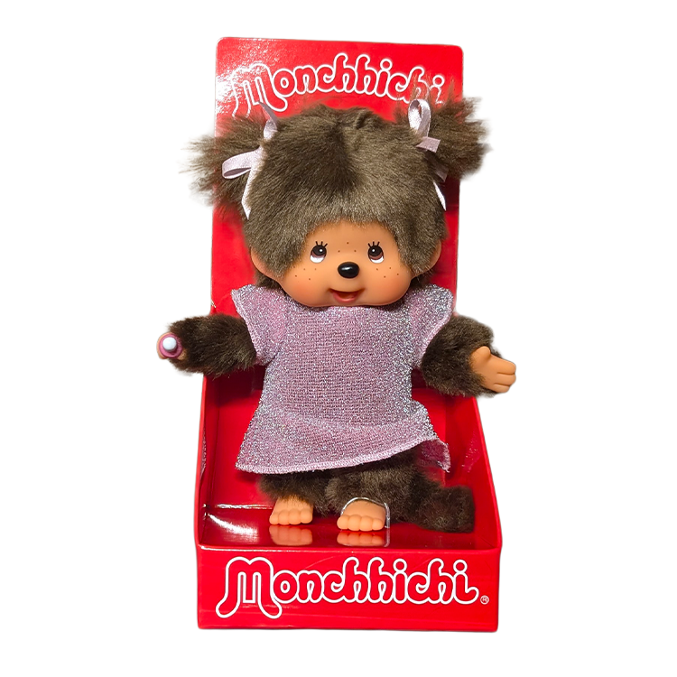 8" Monchhichi Classic Brown Girl in Pink Glitter Dress With Brown Eyes and Pigtails