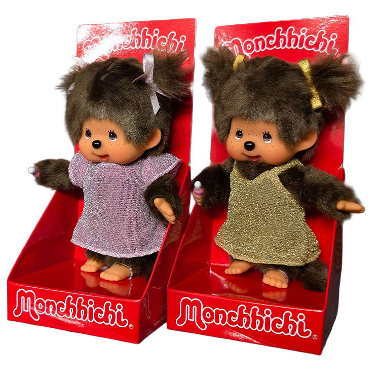 Monchhichi Standard Girl Plush Set - Pink Glitter & Gold Glitter Dresses - Sekiguchi