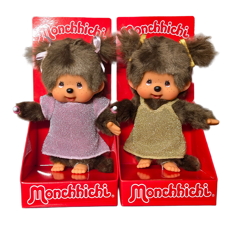 Monchhichi Standard Girl Plush Set - Pink Glitter & Gold Glitter Dresses - Sekiguchi