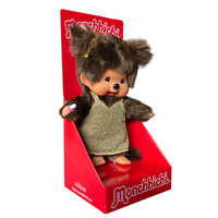 8" Monchhichi Classic Brown Girl in Gold Glitter Dress With Brown Eyes and Pigtails