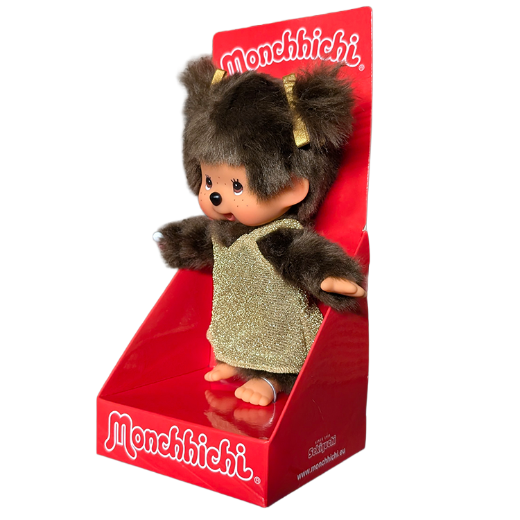 8" Monchhichi Classic Brown Girl in Gold Glitter Dress With Brown Eyes and Pigtails