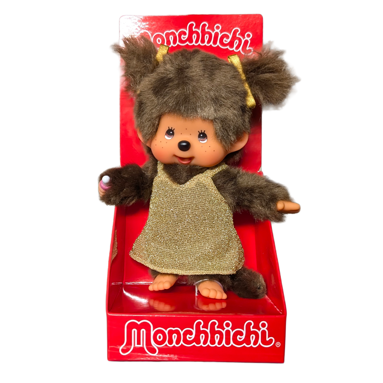 8" Monchhichi Classic Brown Girl in Gold Glitter Dress With Brown Eyes and Pigtails