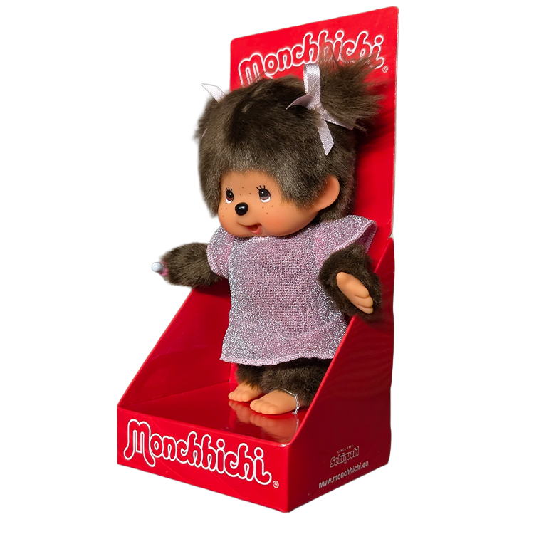 8" Monchhichi Classic Brown Girl in Pink Glitter Dress With Brown Eyes and Pigtails