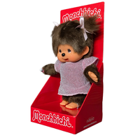8" Monchhichi Classic Brown Girl in Pink Glitter Dress With Brown Eyes and Pigtails