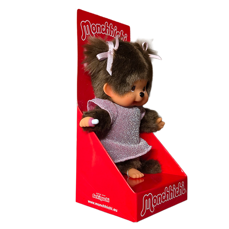 8" Monchhichi Classic Brown Girl in Pink Glitter Dress With Brown Eyes and Pigtails