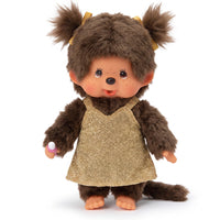 8" Monchhichi Classic Brown Girl in Gold Glitter Dress With Brown Eyes and Pigtails