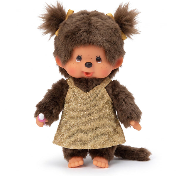 8" Monchhichi Classic Brown Girl in Gold Glitter Dress With Brown Eyes and Pigtails