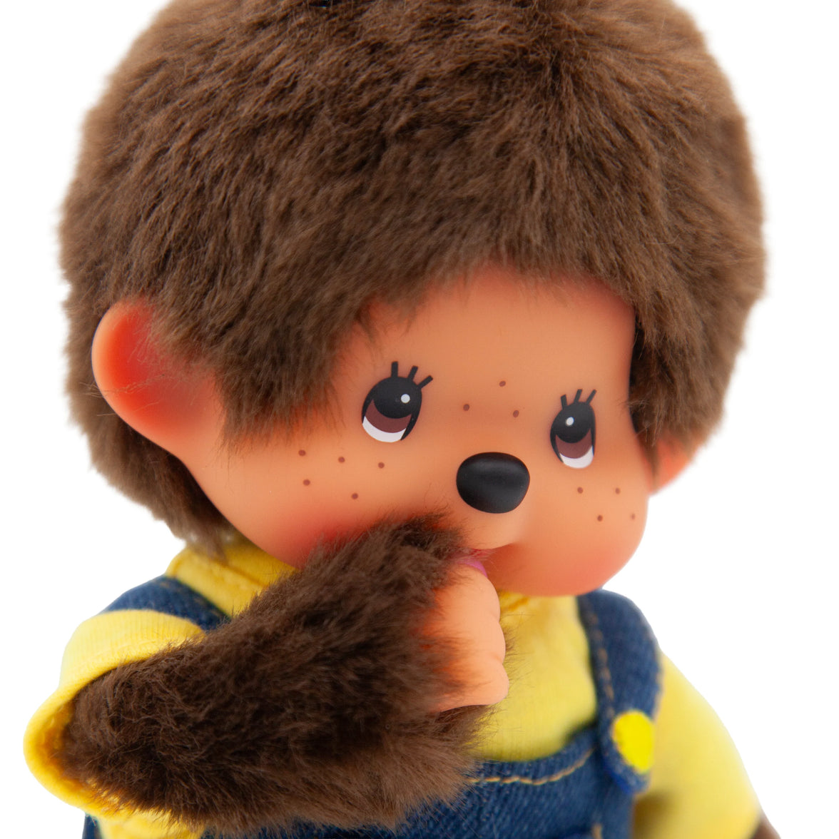 8" Monchhichi Boy in Yellow Shirt and Blue Overalls with Brown Eyes by Aliquantum International